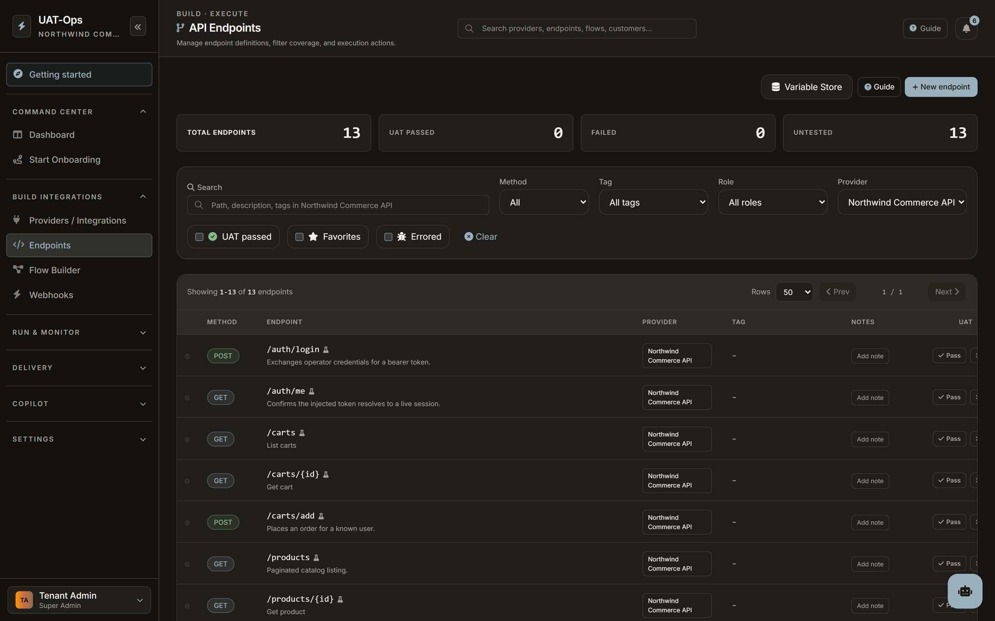 The API Endpoints screen, listing thirteen imported endpoints with their methods, paths and descriptions.