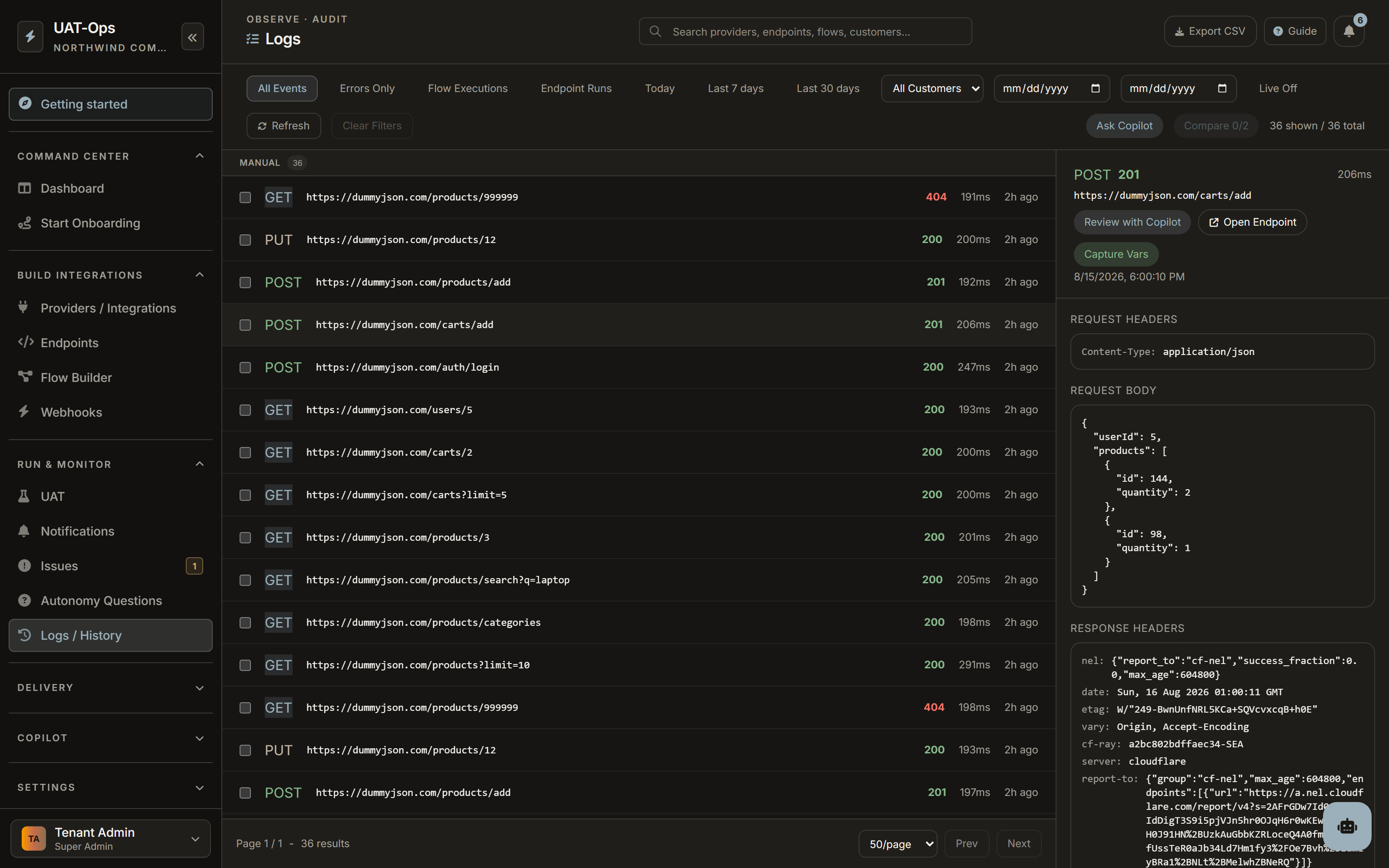 The execution log, showing thirty-six runs with status codes and durations, with one execution opened to reveal its recorded request body and response headers.